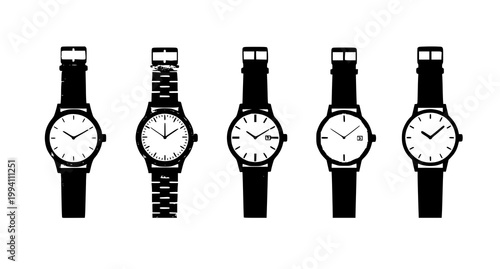 Minimal wristwatch set modern and vintage styles with gold silver and leather straps flat vector on white background
