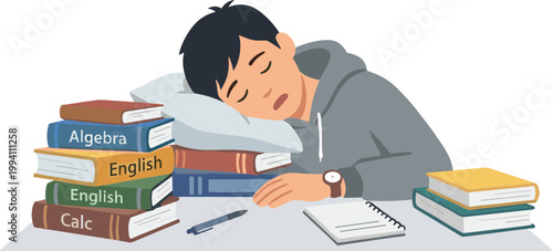 A student falls asleep at a desk surrounded by stacked books and papers.