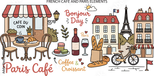 French Cafe Paris Coffee and Bakery Food, Illustration Doodle Cartoon Collection