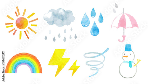 水彩手描きのかわいい天気アイコンセット｜晴れ・曇り・雨・雷・雪・台風・虹・傘・雲