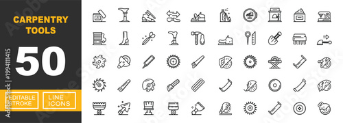 Carpentry tools line icon set. Exclusive Carpentry tools line icon collection. Containing Saw, Hammer, Chisel, Plane, Screwdriver, Drill, Grinder, Level, Brush, Trowel. Editable stroke.