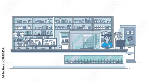Pharmacy Interior with Dispensing Counter and Shelves of Medication