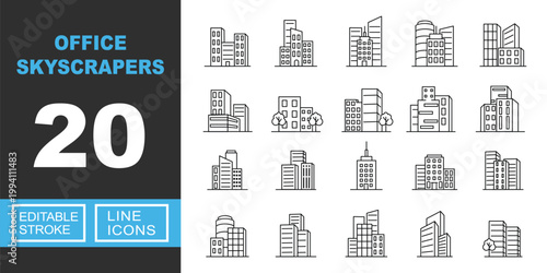 Schilderij op canvas Office Skyscrapers line icon set