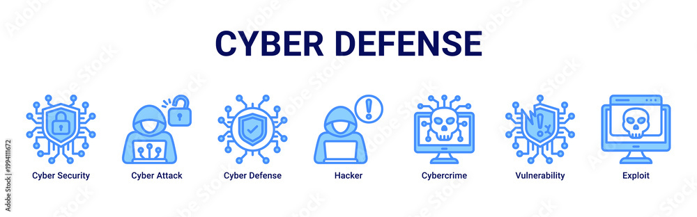 Fototapeta premium Cyber Defense web banner icon vector illustration with icons of Cyber Security,Cyber Attack,Cyber Defense,Hacker,Cybercrime,Vulnerability and Exploit