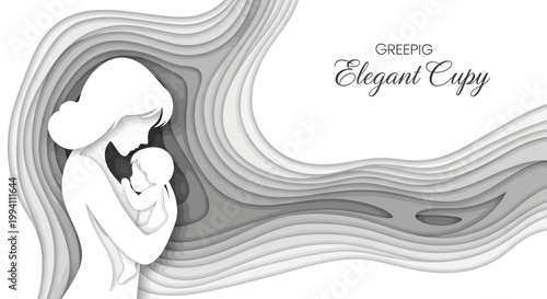 Paper cut style illustration of a mother holding her baby, layered abstract background with flowing lines, elegant design for mothers day concept
