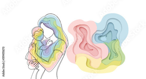 Continuous line drawing of a mother holding her baby with colorful abstract layered paper cut shapes, conceptual art representing maternal love and bonding