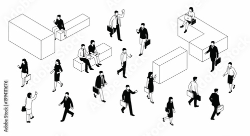 isometric business people in office setting planning and working flat design
