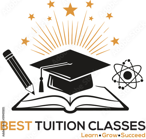Best tuition classes logo with graduation cap and open book, education and learning concept vector