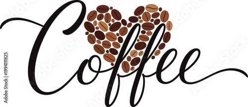 Coffee typography with coffee beans heart shape, creative cafe and caffeine branding vector