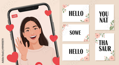 Young woman waving hand during a live video stream on smartphone with floral greeting cards, social media influencer concept, digital illustration