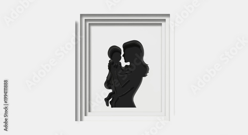 Silhouette of a mother holding her baby in a white frame, paper cut style illustration representing love, motherhood, and family bond