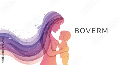 Stylized illustration of a mother holding her child with long flowing magical hair, concept of motherhood, love, and nurturing care, purple and pink art