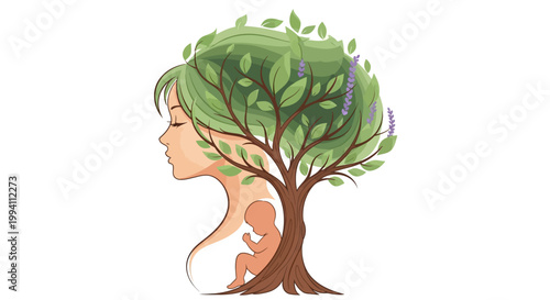 Conceptual illustration of a womans profile merging with a tree and a fetus, symbolizing motherhood, nature, fertility, and the cycle of life