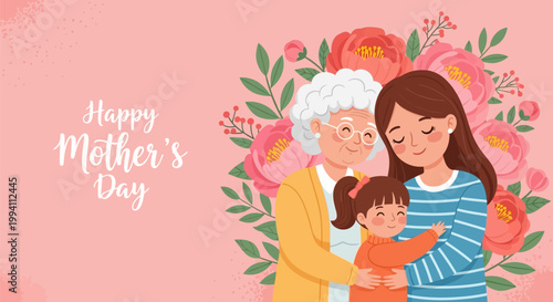Happy mothers day greeting card with three generations of women, grandmother, mother and daughter hugging each other, surrounded by beautiful flowers