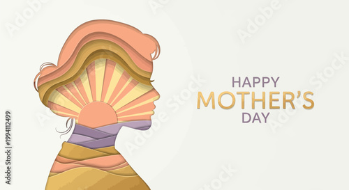 Paper cut style illustration of a womans profile with a sunrise landscape inside, creative mothers day greeting card design