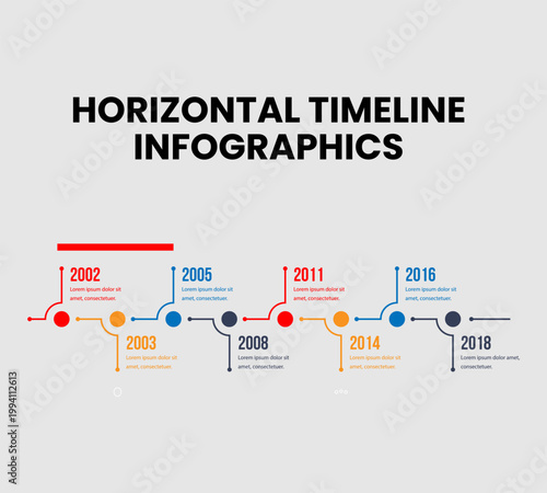 Horizontal timeline infographic with colorful milestones and clean layout on white background. Modern design suitable for business presentations, project planning, and data visualization