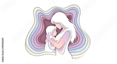 Paper cut style illustration of a mother holding her baby, tender embrace, maternal love, gentle silhouette of a woman and child, soft pastel colors