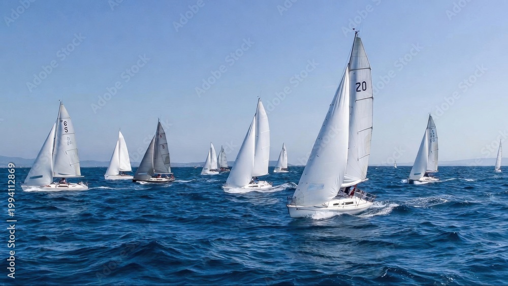 Fototapeta premium Fleet of sailboats racing across open sea on sunny day