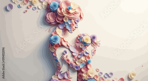 Paper quilling art of a mother holding her child, intricate floral design with layered paper circles, soft pastel colors, artistic illustration