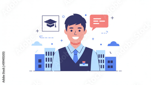 Professional police officer in uniform standing with buildings in the background Vector