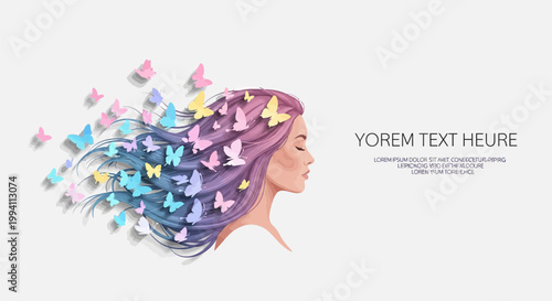 Beautiful woman profile with long flowing hair transforming into colorful butterflies, creative concept of nature, freedom, and beauty, vector illustration