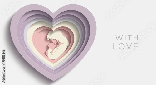 Mother holding her baby in a layered paper cut style heart frame, representing love, care, and motherhood, perfect for mothers day or family themes