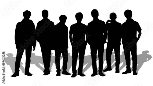 Group of six silhouetted individuals standing closely together in a unified formation Vector