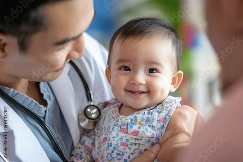 Pediatrician Examining Smiling Baby During Checkup