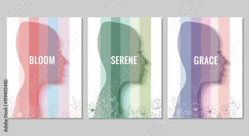 Set of three posters with female profile silhouettes, abstract vertical color stripes, and delicate floral line art illustrations for wellness and beauty