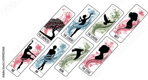 Set of tarot cards with silhouettes of women, birds, and trees, featuring floral and abstract watercolor elements in a minimalist artistic style