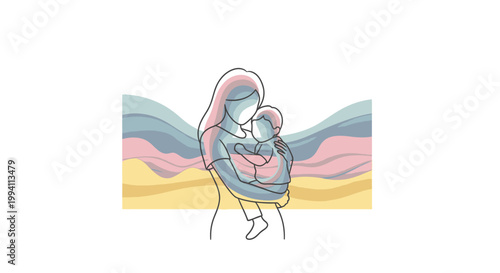 Mother and baby embrace in a loving hug, with abstract pastel colored wavy shapes in the background, vector illustration