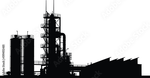 Industrial plant silhouette with towers and staircases against white background