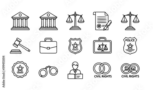 Law and order icons set vector thin line courthouse judge gavel scales legal system pictograms isolated white background