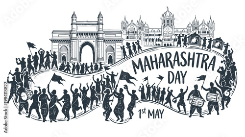 Gateway of India and Victoria Terminus Mumbai skyline, celebrating traditional dancers and drummers, vector illustration for Maharashtra Day on 1st May.