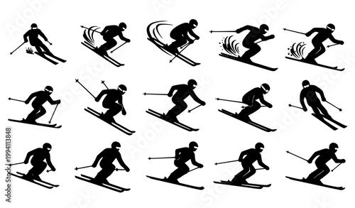 Winter ski silhouettes vector set black skiing sport action collection minimal design