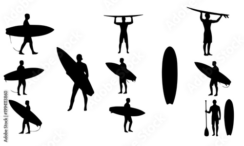 surfer surfing surfboard silhouette vector illustration set paddleboard watersport beach ocean