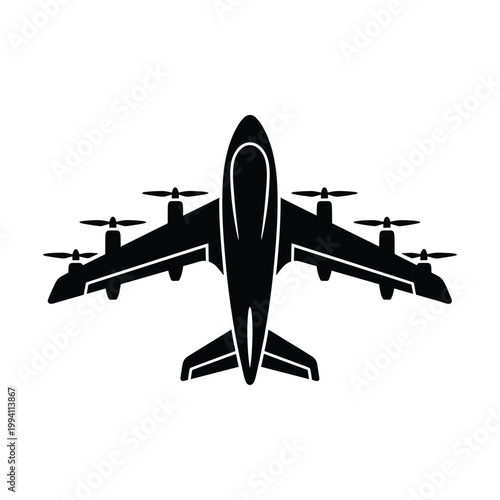 Black silhouette of a multi-rotor e vtol aircraft with six propellers, viewed from directly above