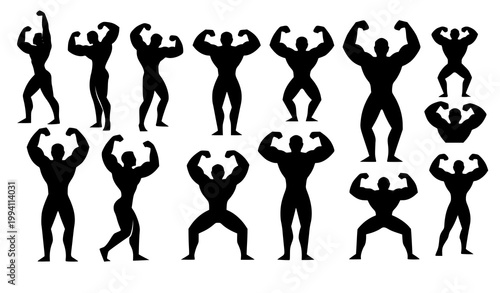 Quadro su tela Minimal bodybuilder silhouette icon set with muscular athlete figures in clean v