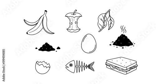 Collection of organic waste items for composting illustration.