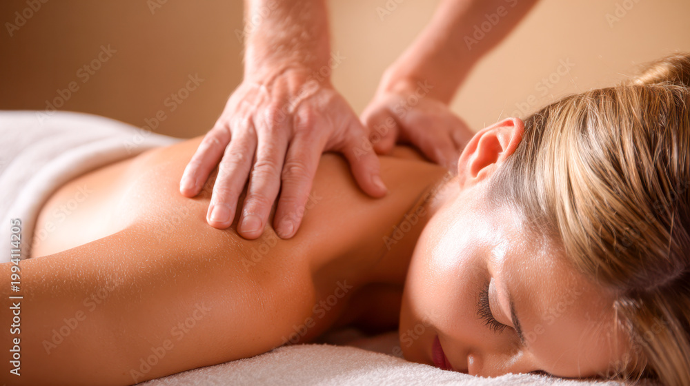 Obraz premium Woman receiving relaxing back massage therapy at spa