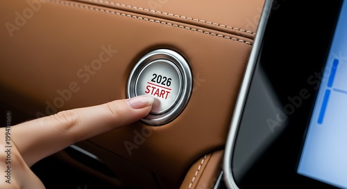 Hand pressing 2026 start button in luxury car interior with tan leather
