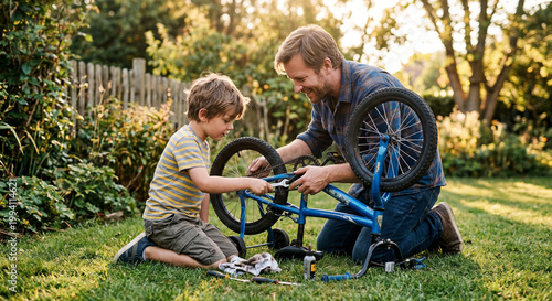 Father and son fixing a bicycle together outdoors in a garden with green grass and sunlight