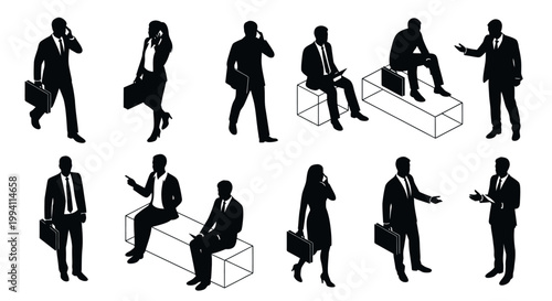 business people silhouettes in suits with briefcases talking and walking