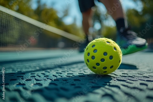 Close-up of a Pickleball on Court with Player in Background