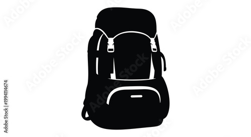 A black backpack design with visible straps and compartments detailed silhouette
