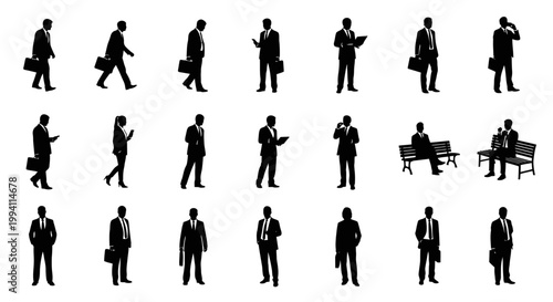 business people silhouettes vector set of corporate professionals in various poses like walking and using devices.