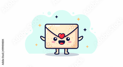 Cute Cartoon Envelope Character with Heart.