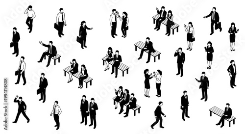 isometric business people in suits in various poses and situations office life and meetings