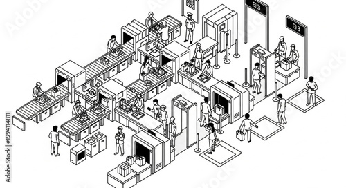 Airport Security Checkpoint with X-ray Scanners and Metal Detectors.