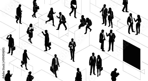 isometric vector illustration of business people silhouettes in a corporate environment a concept of office life.